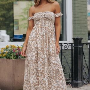 Odella off-shoulder smocked maxi dress.